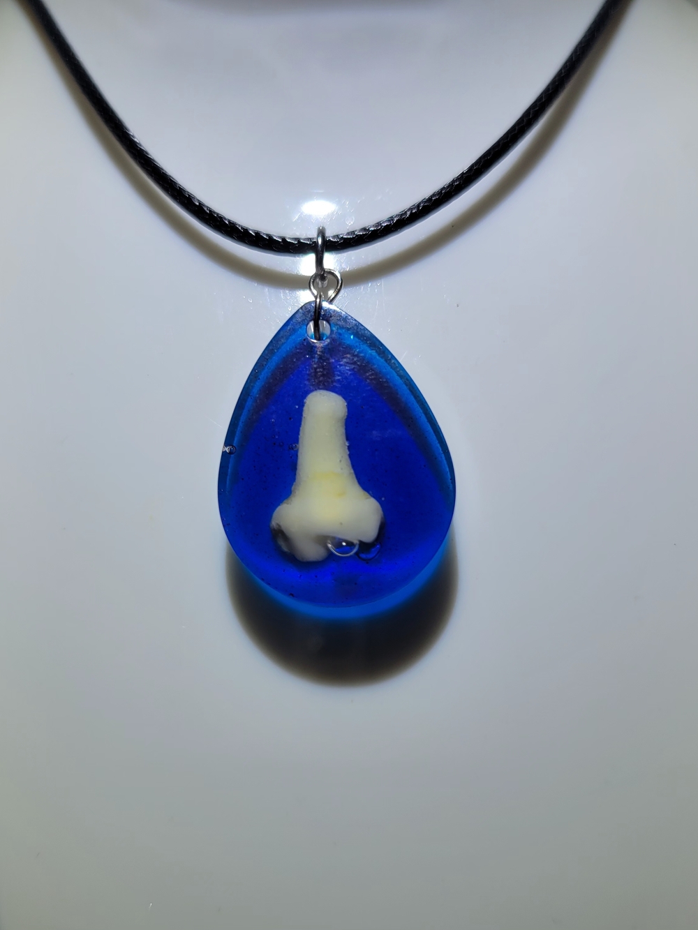 REAL TOOTH In Blue Resin,  Teardrop Pendant Necklace.